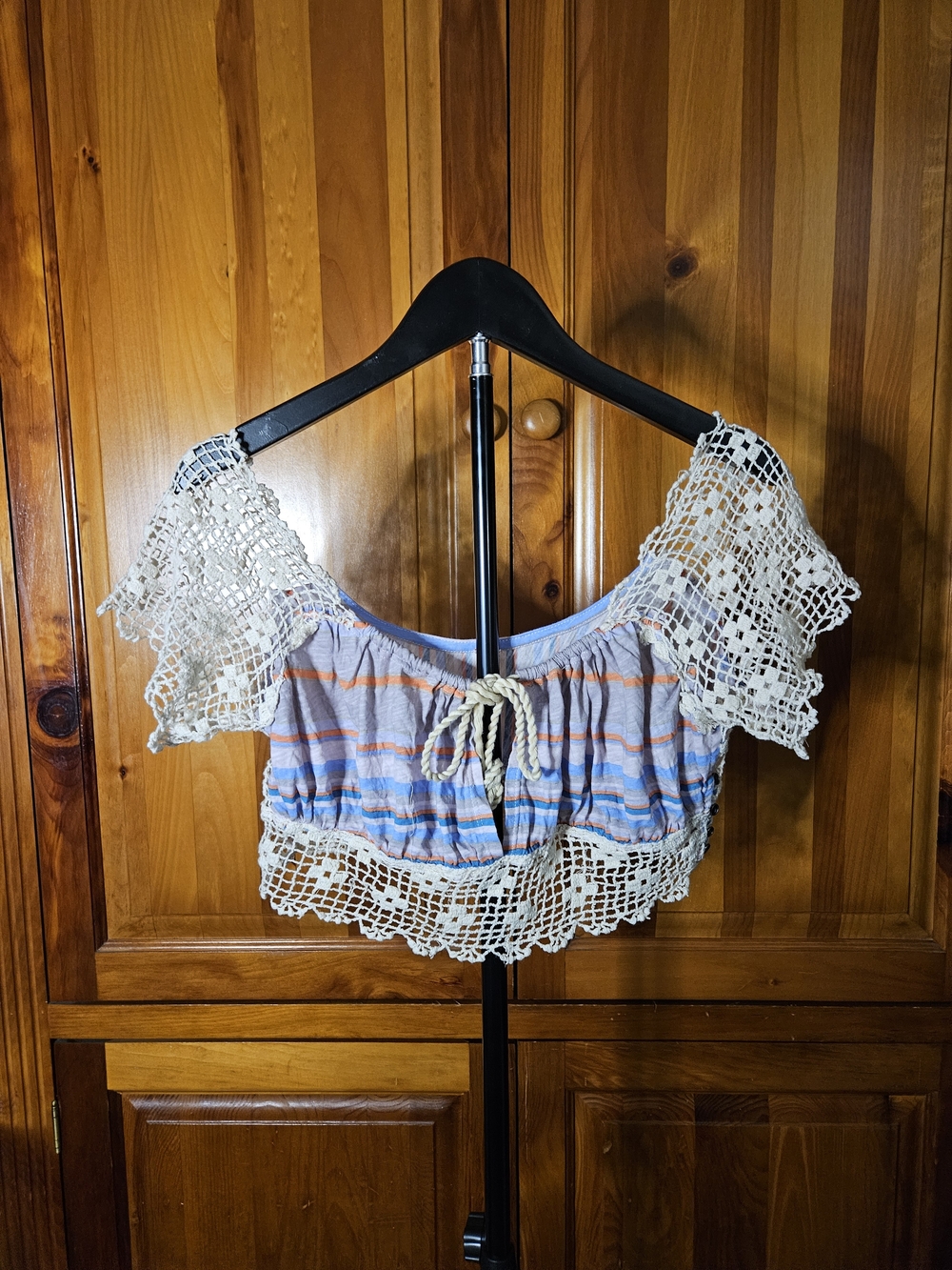 Free People Crochet-Trim Striped Crop Top - Cream and Pastel